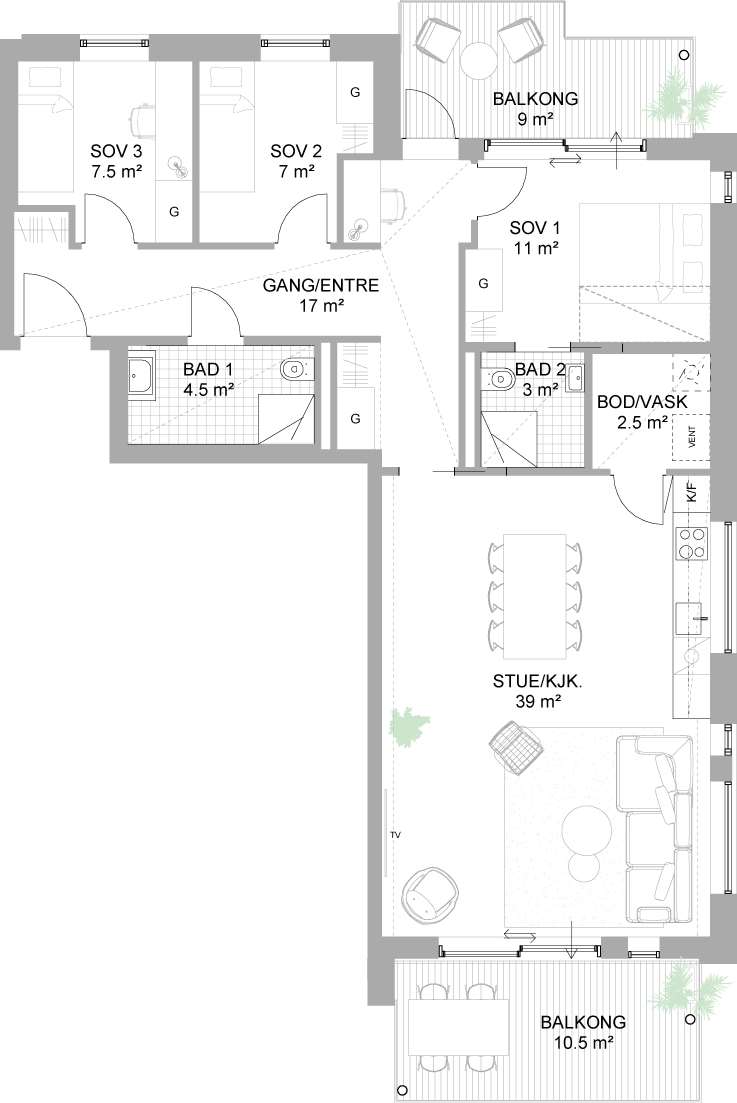 Standard planløsning 4-roms leilighet